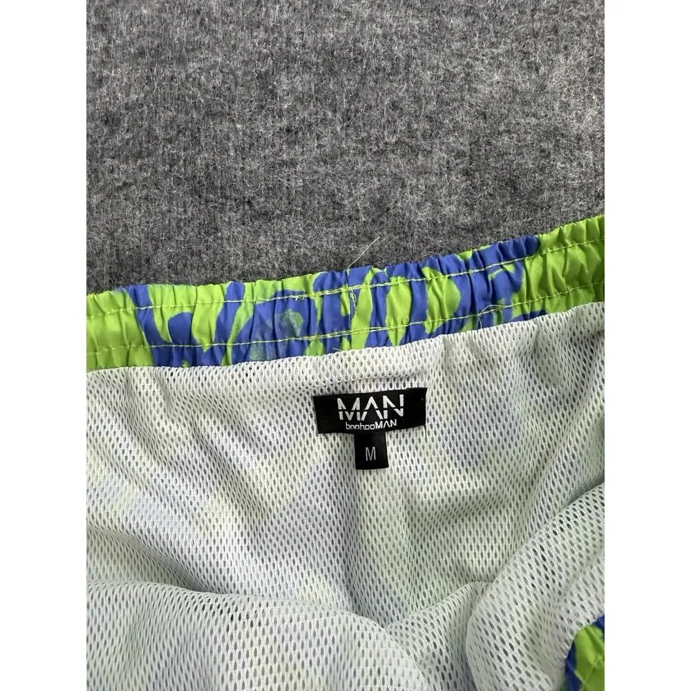 Bohooman Swim Shorts Mens Medium Trunks Lime Green Graffiti Mesh Lined N46